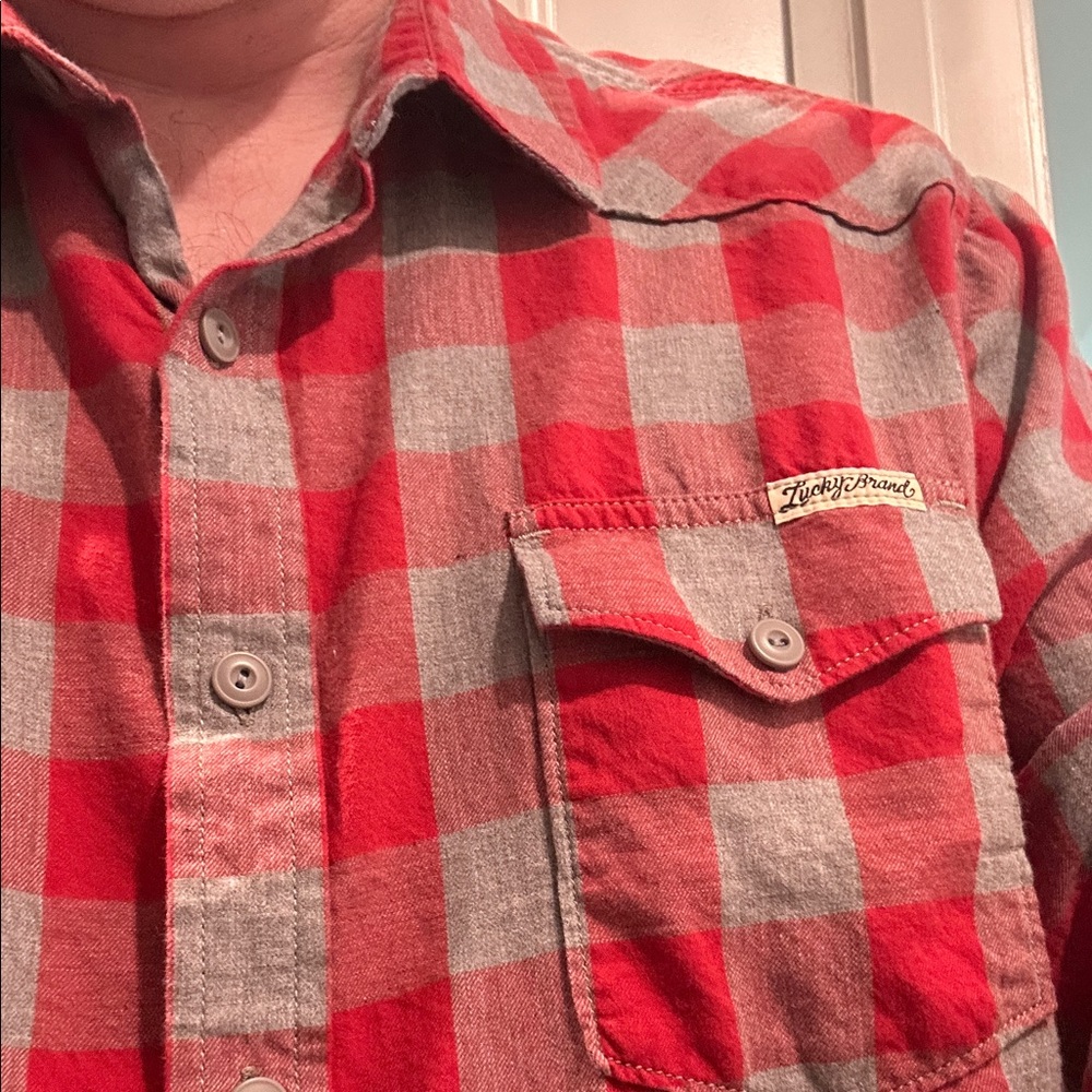 Lucky Brand Men's Red and Gray Checkered Shirt